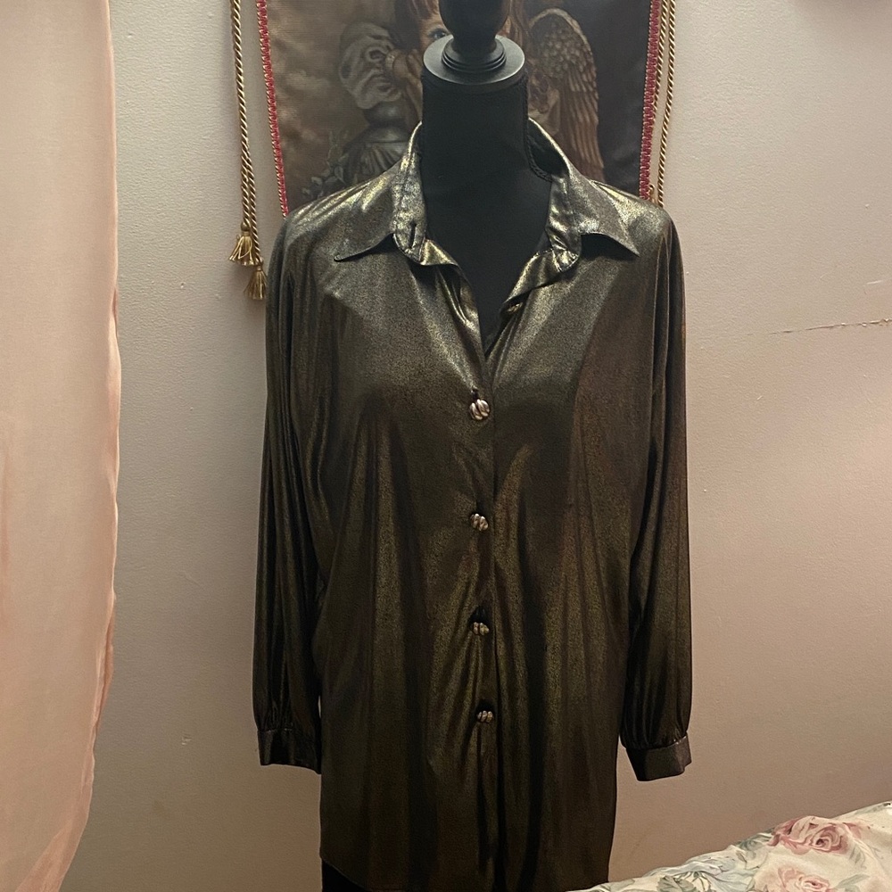Metallic Black Button-Up Women's Top